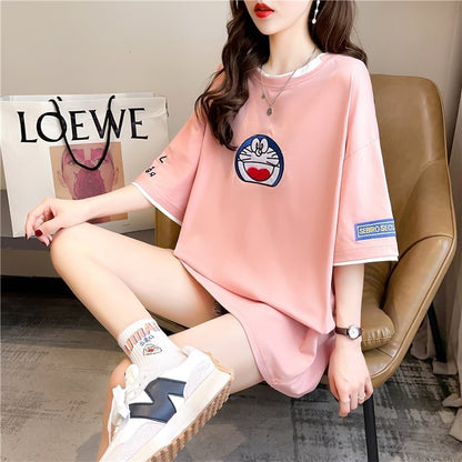 韓国系 ドロップショルダー 刺? レイヤードTシャツ ゆったり半袖 ＜U-3053＞
