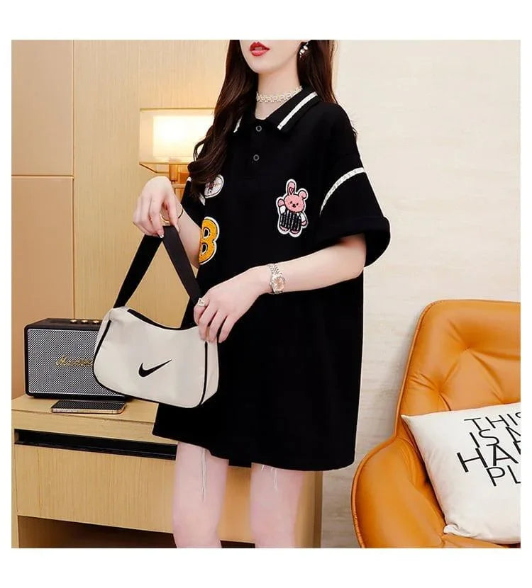 韓国系 ロング POLOネック Tシャツ 四色 ゆったり半袖 ＜U-2869＞