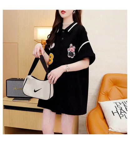韓国系 ロング POLOネック Tシャツ 四色 ゆったり半袖 ＜U-2869＞
