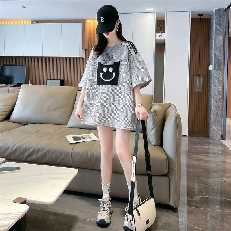 エレガントな立体ジャガードルーズウールパッチステッチ半袖Tシャツ<U-2901>