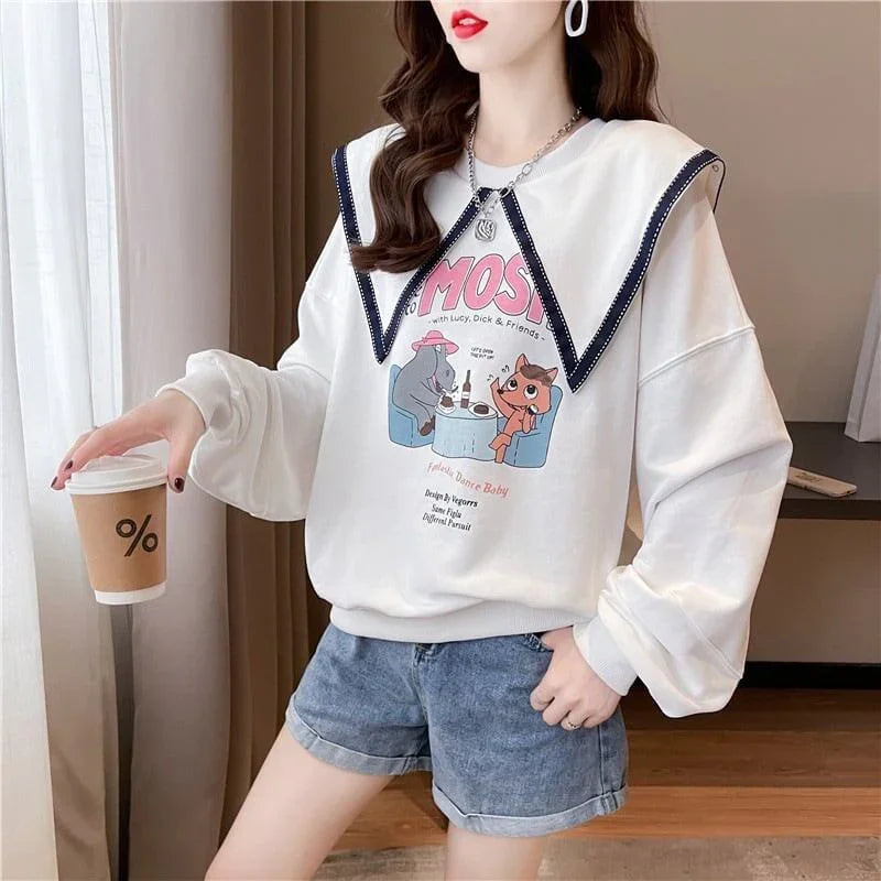 絶対欲しい グラフィックプリント セーラ服の襟 三色 長袖Tシャツトップス<U-4036>