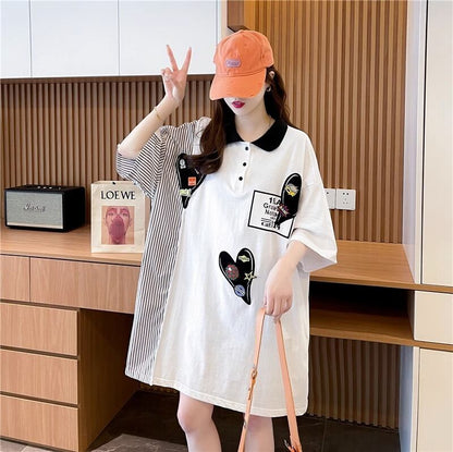 POLOネック 切り替え ストライプ柄 ロング Tシャツ ゆったりワンピース ＜U-3031＞