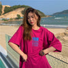 着心地良い プリント アルファベット ロング Tシャツ ゆったり半袖 ＜U-2851＞