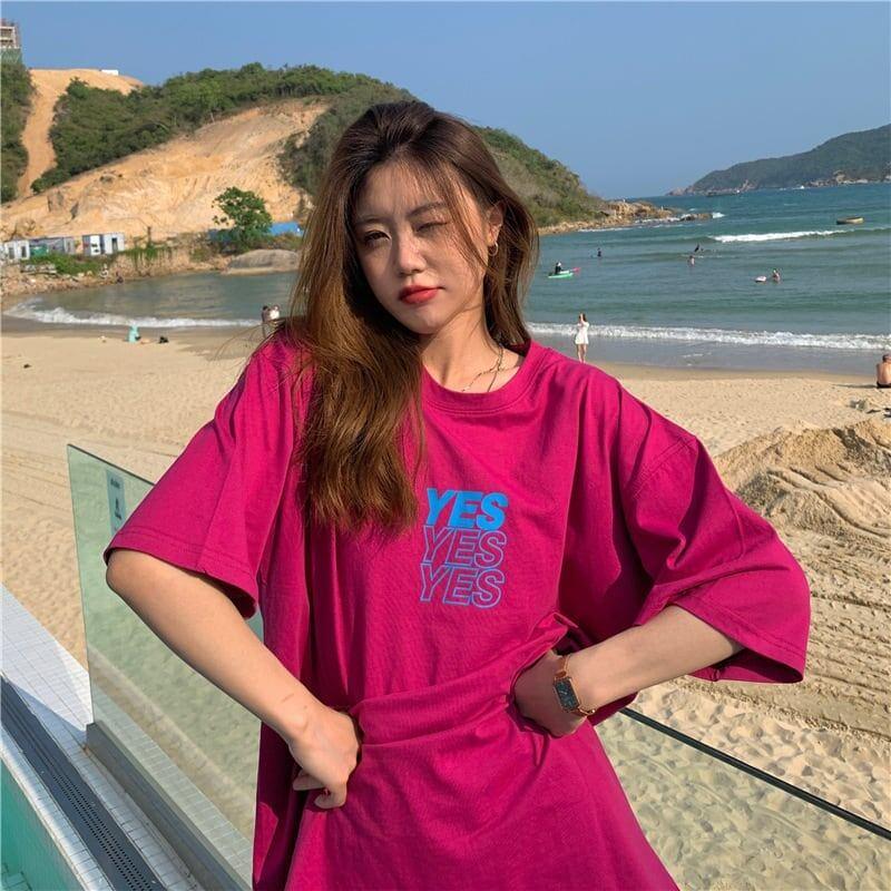 着心地良い プリント アルファベット ロング Tシャツ ゆったり半袖 ＜U-2851＞