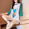 夏新作 レース ベアー カラーマッチング ロングTシャツ ゆったり5分袖 ＜U-2942＞
