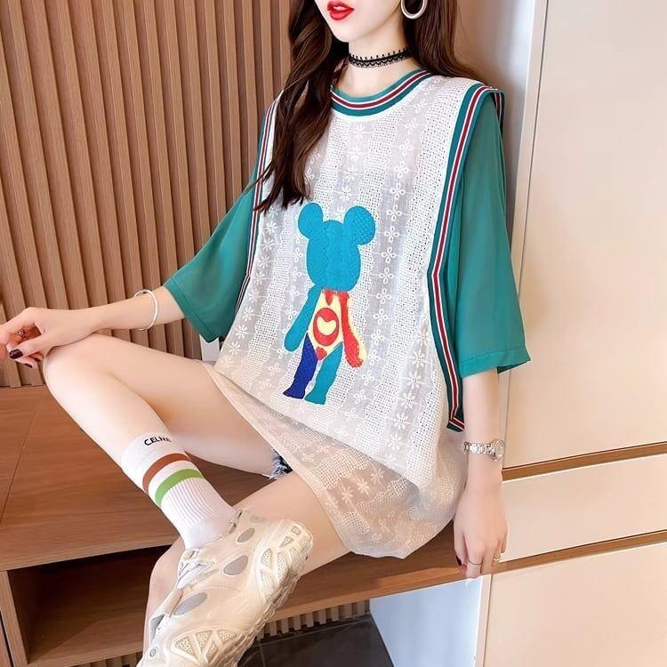 夏新作 レース ベアー カラーマッチング ロングTシャツ ゆったり5分袖 ＜U-2942＞