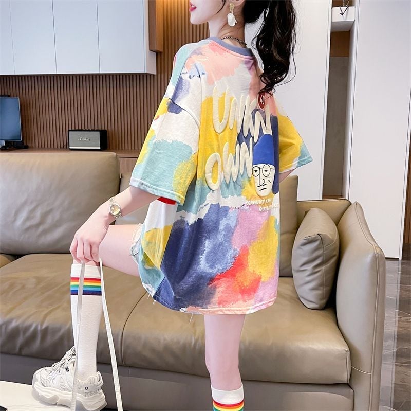 売り切れ必至 絞り染め ファッション プリント 2色選択 半袖Tシャツ＜U-8573＞