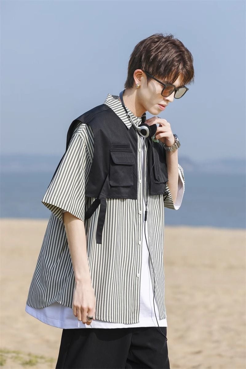 絶対流行 レイヤード風 早い者勝ち 切り替え ストライプ柄 全3色 半袖Tシャツ<U-9048>