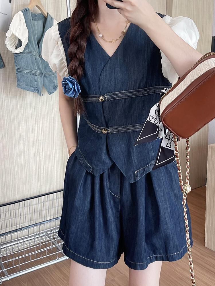 好感度UP 絶対欲しい 上質 カジュアル デニム ショートパンツ セットアップ <U-8907>