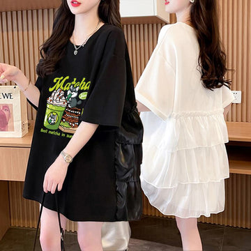 着回し力抜群 切り替え プリント ロング Tシャツ ゆったり半袖 Tシャツ ＜U-8498＞