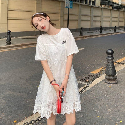 売れ筋 切り替え レース フェイクレイヤード 膝丈 半袖 Tシャツワンピース ＜U-1953＞