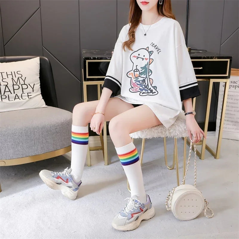 合わせやすい アルファベット ラウンドネック プリントTシャツ ゆったり ワンピース＜U-3992＞