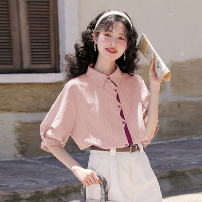 好感度UP 上質 美人度アップ 知的 ストライプ柄 3色選択 半袖シャツ＜U-9047＞