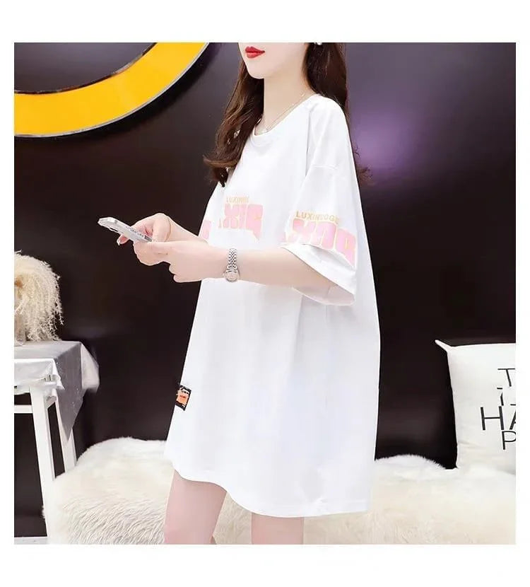 質感のいい アルファベット 熊柄 ドロップショルダー オーバーサイズ Tシャツ ＜U-2878＞