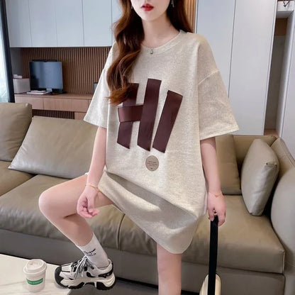 ファッション ロング プリントTシャツ 丸襟 半袖＜U-2807＞