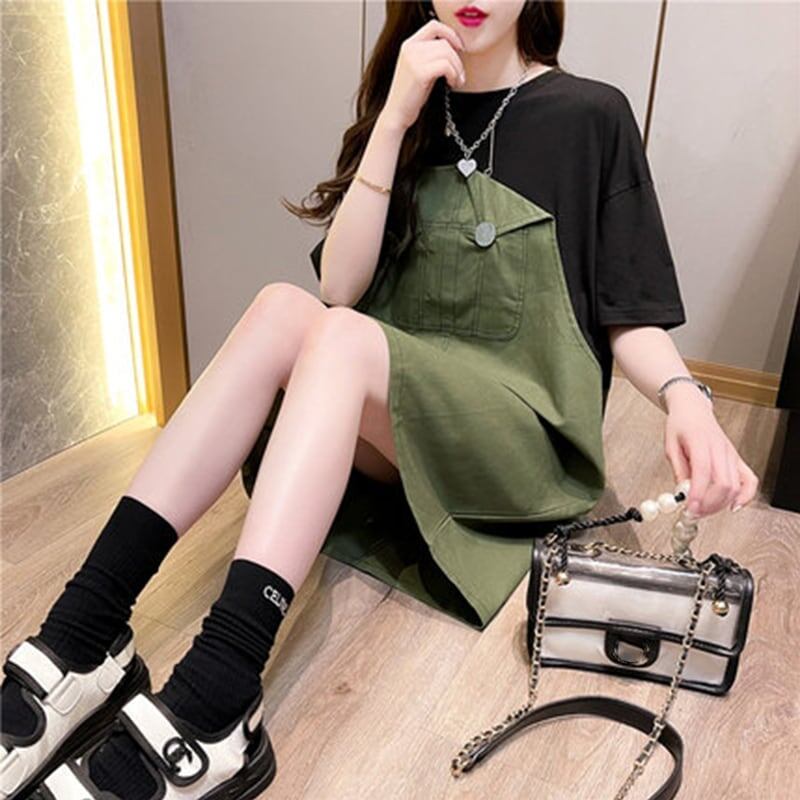 カジュアル 切り替え 一目惚れ Tシャツ カットソー ワンピース＜U-3334＞