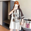 早い者勝ち グラフィック POLOネック プリント ロング ラグランTシャツ ゆったりワンピース＜U-4027＞