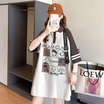 早い者勝ち グラフィック POLOネック プリント ロング ラグランTシャツ ゆったりワンピース＜U-4027＞