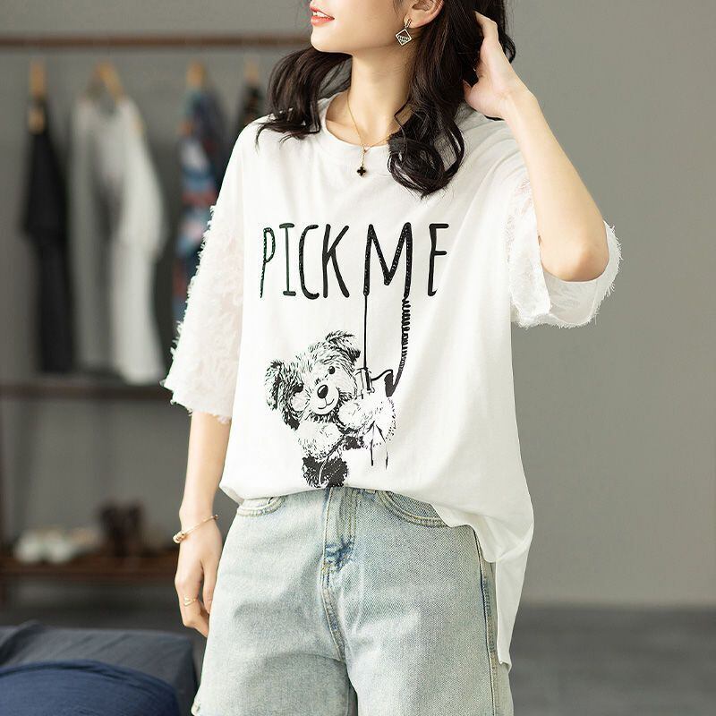 絶対欲しい レース エレガント 切り替え プリント 半袖Tシャツ＜U-8587＞