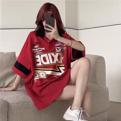 韓国系 オーバーサイズ POLOネック グラフィック ロング Tシャツ 三色 ゆったりワンピース＜U-4025＞
