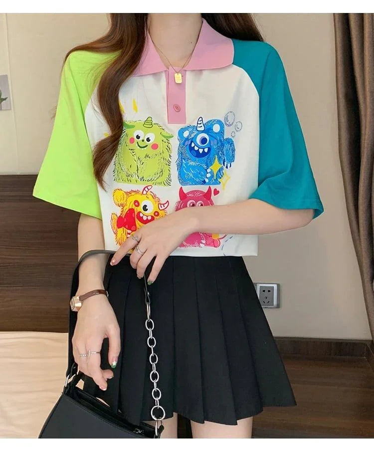 元気いっぱい カラーマッチング POLOネック プリント Tシャツ 半袖 ＜U-2979＞