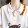 質感のいい POLOネック 猫刺繍 ロング Tシャツ ゆったり半袖 ＜U-2849＞