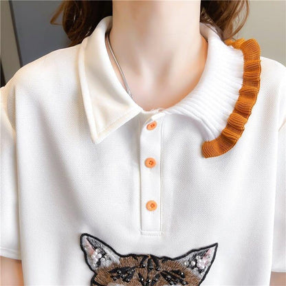 質感のいい POLOネック 猫刺繍 ロング Tシャツ ゆったり半袖 ＜U-2849＞