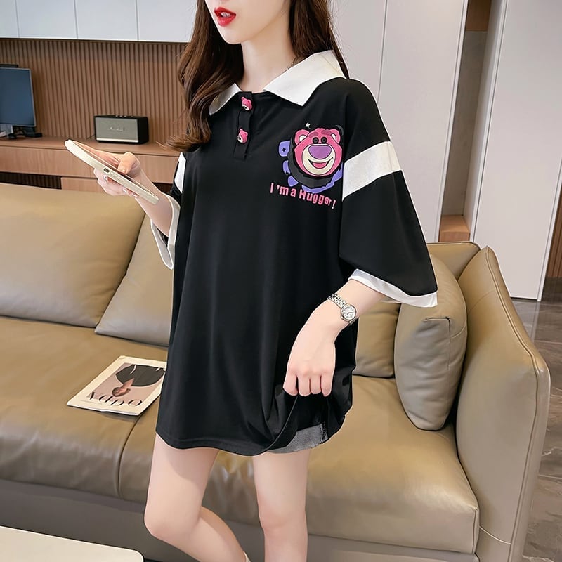 POLOネック 切り替え 熊柄 ロング プリント Tシャツ 二色 ゆったりワンピース ＜U-3020＞