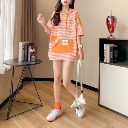 スタイルアップ効果抜群 ストライプ柄 アバンギャルド 切り替え レース プリント全2色 半袖Tシャツ<U-9111>