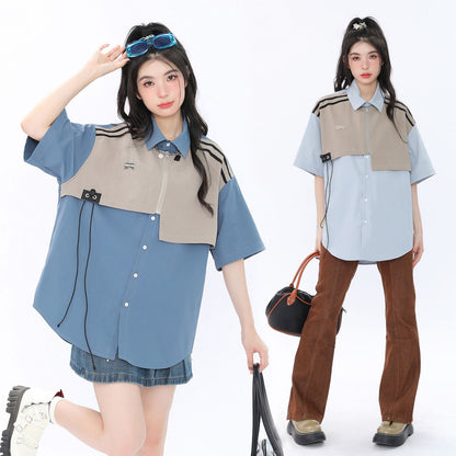 期間限定 ファッション 個性派 レイヤード風 切り替え プリント全3色 男女兼用 半袖Tシャツ<U-9044>