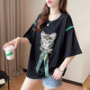 質感のいい 猫刺繍 立体のリボン ロング Tシャツ ゆったり半袖 ＜U-2919＞