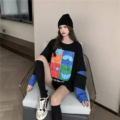 見逃し禁止レイヤード  グラフィックプリント 二色長袖Tシャツ＜U-4065＞