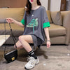 韓国系 プリント ラウンドネック ロング Tシャツ ゆったり半袖 ＜U-2988＞