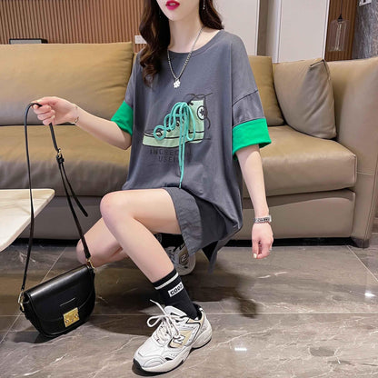 韓国系 プリント ラウンドネック ロング Tシャツ ゆったり半袖 ＜U-2988＞