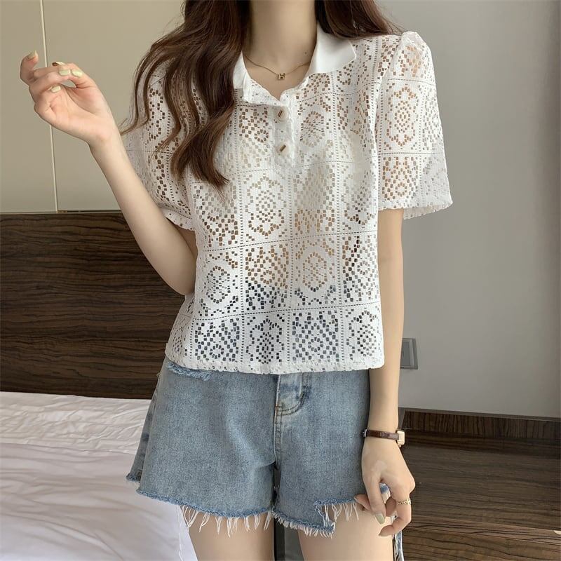 ファッション 透かし彫り 美人度アップ POLOネック Tシャツ カットソー＜U-3234＞