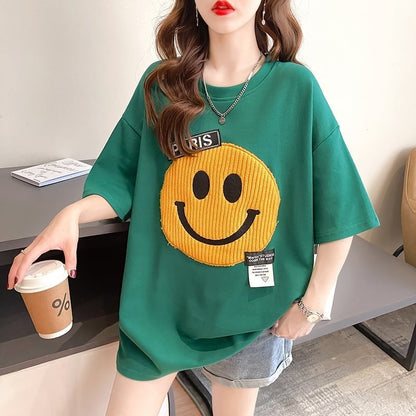 質感のいい ニコちゃん刺繍 スマイル ロング Tシャツ ゆったり半袖 ＜U-2947＞