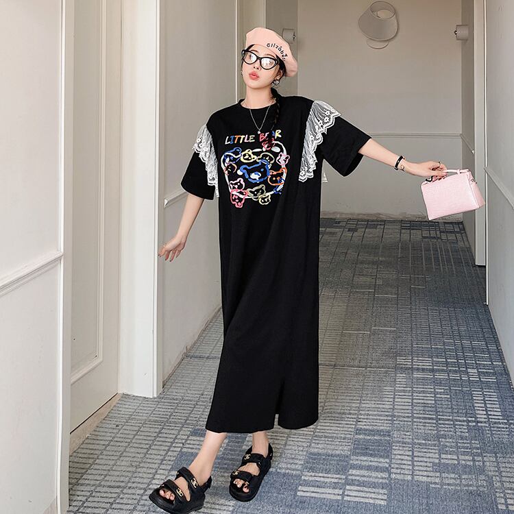 おすすめ レース ファッション 切り替え プリント Tシャツ カットソー ワンピース＜U-8535＞