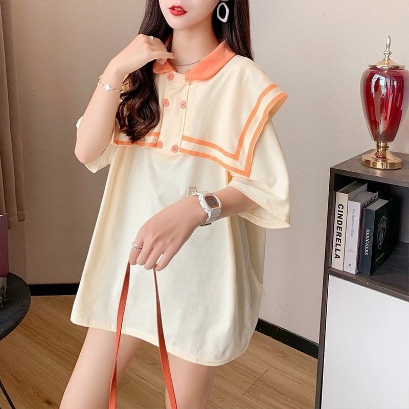 絶対欲しい ロング セーラーカラー Tシャツ 三色 ゆったりワンピース＜U-4028＞