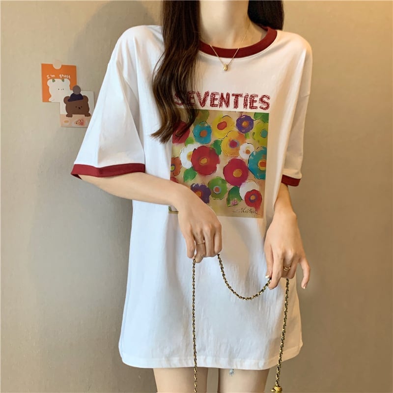 着?せ 配色 プリント ロング Tシャツ 四色 ゆったり半袖 ＜U-3019＞