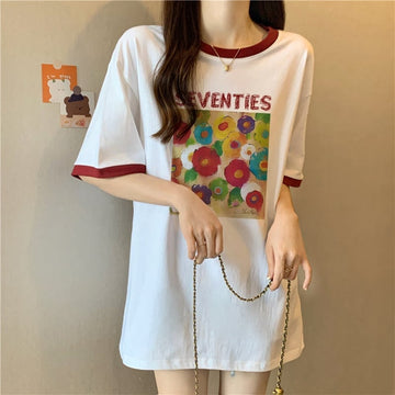 着?せ 配色 プリント ロング Tシャツ 四色 ゆったり半袖 ＜U-3019＞
