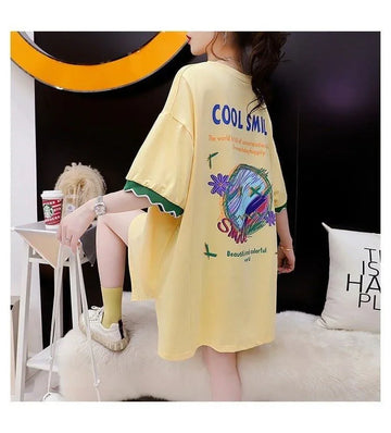 アルファベット プリント ドロップショルダー ロングTシャツ ゆったり＜U-2888＞