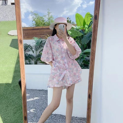 新商品 花柄 大人可愛い シャツ＋ショートパンツ セットアップ＜U-9001＞