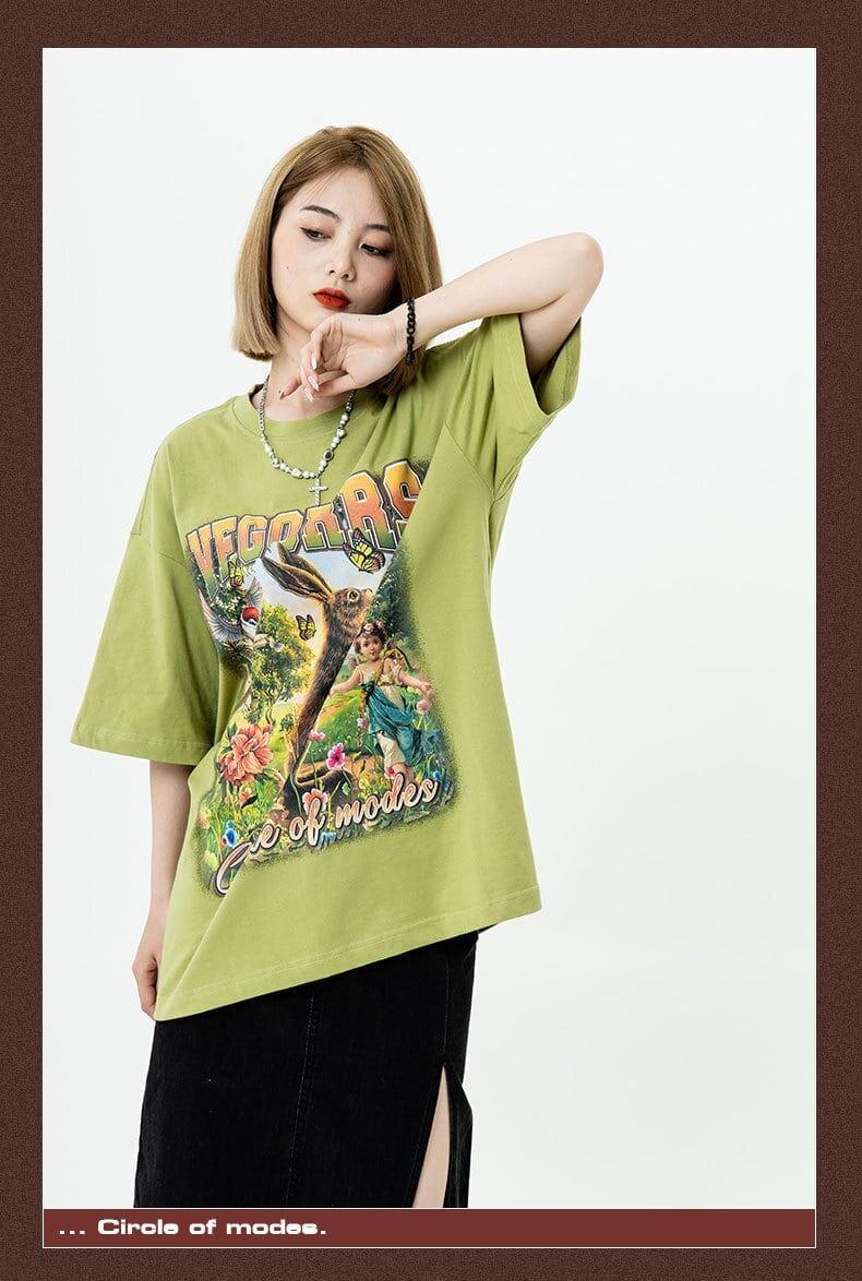 アメリカンレトロ絵画ウサギ半袖Tシャツカップル男女同スタイル<U-2910>
