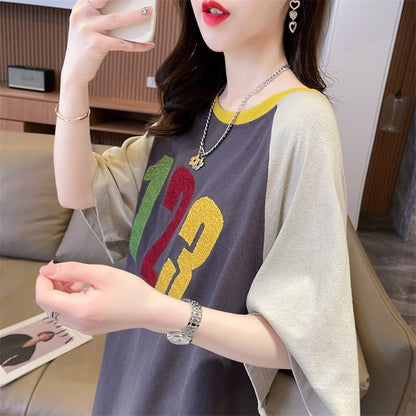 絶対欲しい カラーマッチング 数字刺? ロング Tシャツ ゆったり 半袖 ＜U-2896＞