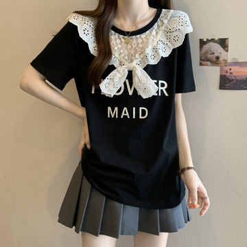 超人気 レース スウィート 切り替え プリント 3色選択 半袖Tシャツ＜U-8825＞