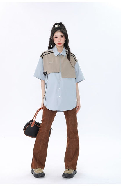 期間限定 ファッション 個性派 レイヤード風 切り替え プリント全3色 男女兼用 半袖Tシャツ<U-9044>