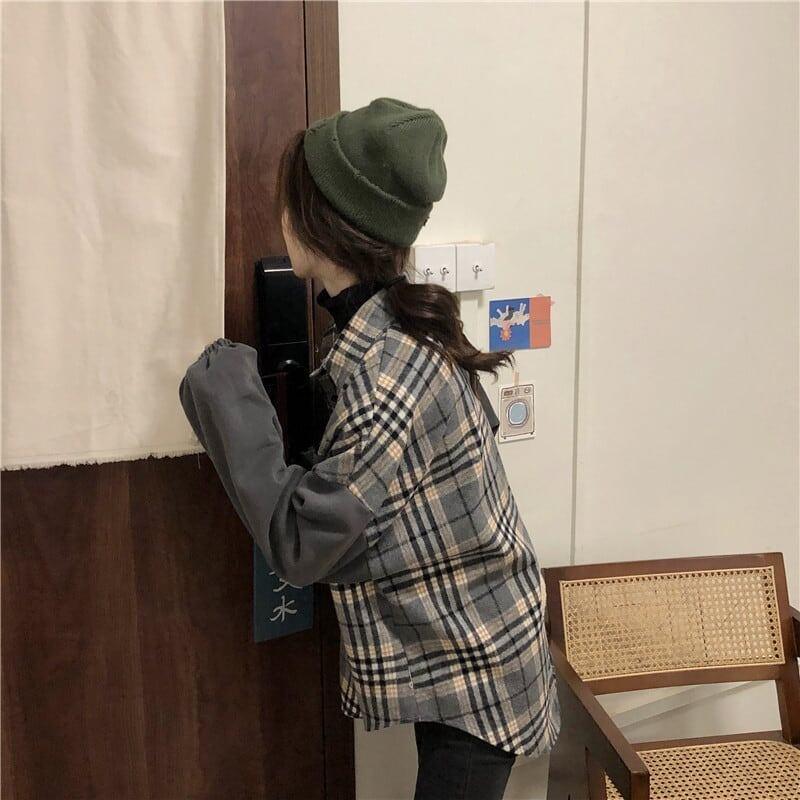 オシャレ度満点 カジュアル POLOネック チェック柄 シャツ ブラウス＜isf-2641＞