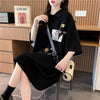 POLOネック 切り替え ストライプ柄 ロング Tシャツ ゆったりワンピース ＜U-3031＞