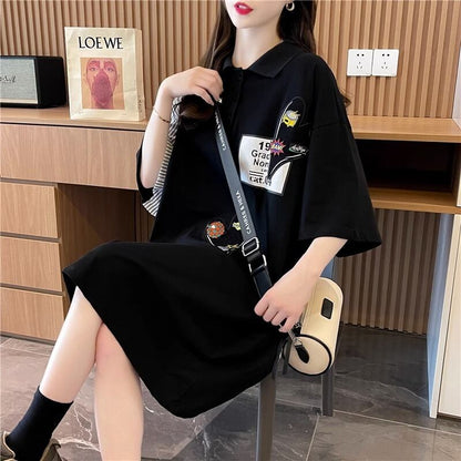 POLOネック 切り替え ストライプ柄 ロング Tシャツ ゆったりワンピース ＜U-3031＞