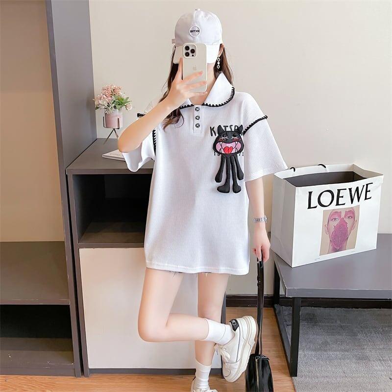 美人度アップ 折り襟 ワッフル ぬいぐるみ付き ロング Tシャツ ゆったり半袖 ＜U-2930＞